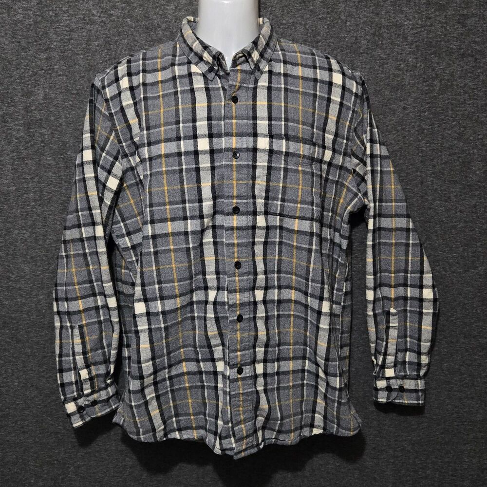LL Bean Flannel Shirt Mens Large Gray Black Yellow Plaid Slightly Fitted